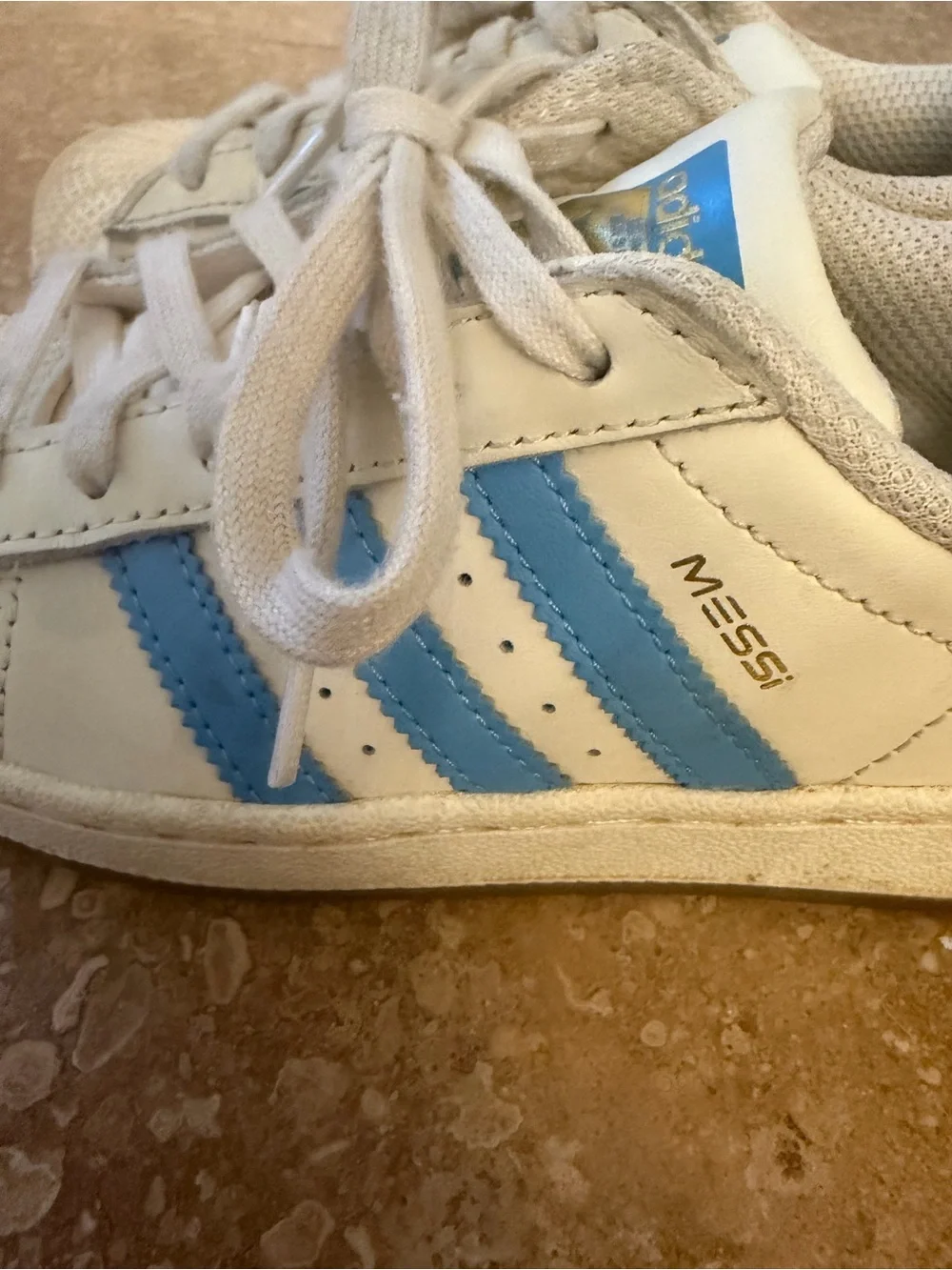 adidas White Messi Sneakers with Blue Stripes (Kids)